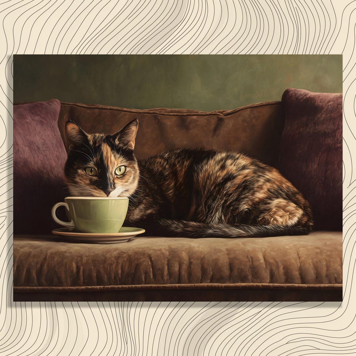 Calico Cat Lounging Velvet Sofa Teacup Cozy Realistic Wall Art
