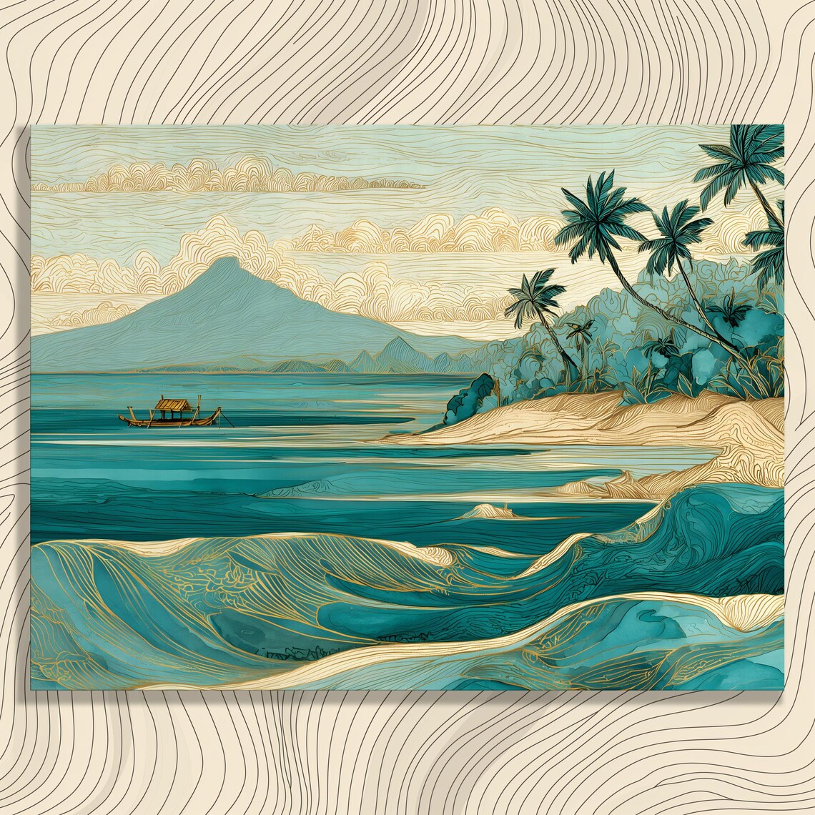 Art Nouveau Tropical Island Teal Gold Palm Boat Etched Wall Print