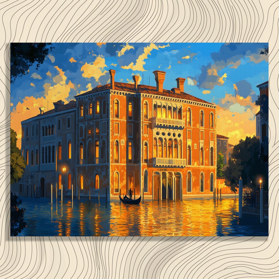 Venice Canal Palazzo Sunset Poster Gondola Golden Reflections