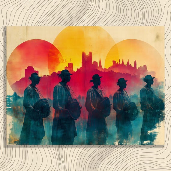 Festival Drummers Procession Canvas Wall Art Sunset Silhouettes Parade Music Landscape Double Exposure Cultural Decor Teal Orange Print