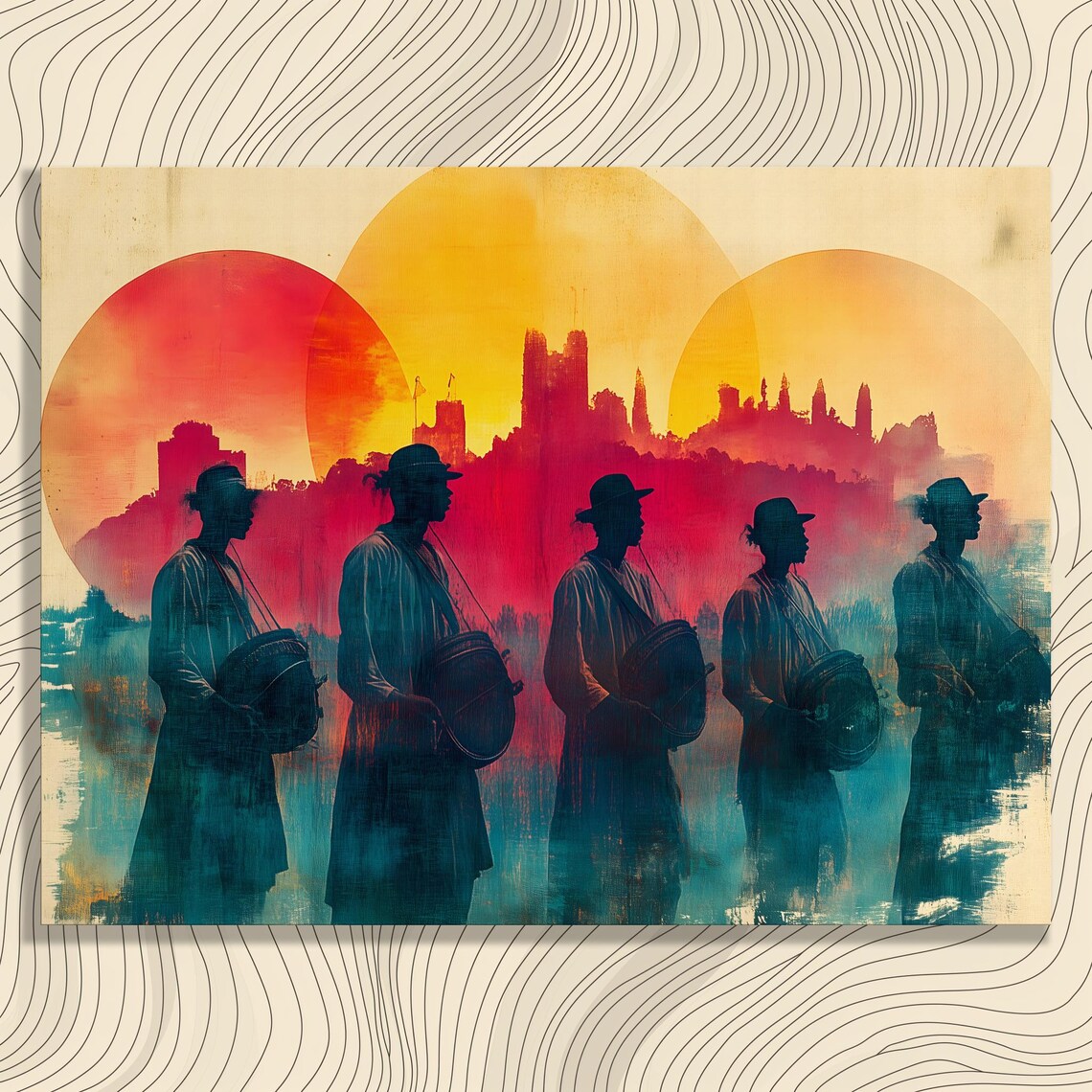Festival Drummers Silhouette Sunset Procession Watercolor Art Poster