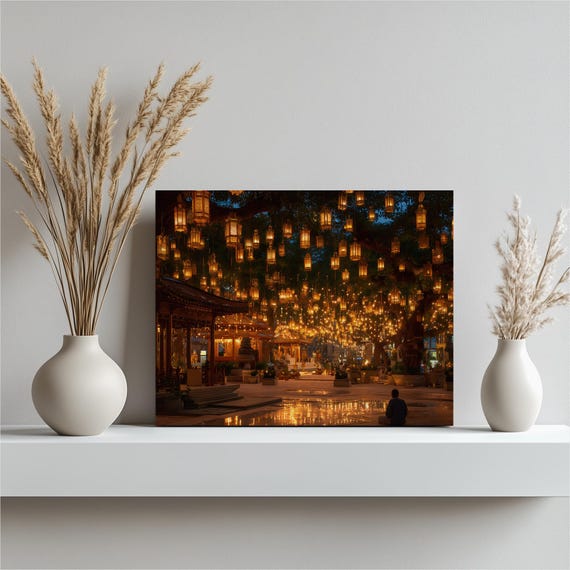 Golden Lantern Temple Canvas Wall Art Asian Festival Meditation Print Traditional Painting Decor Night Scene Courtyard Gift