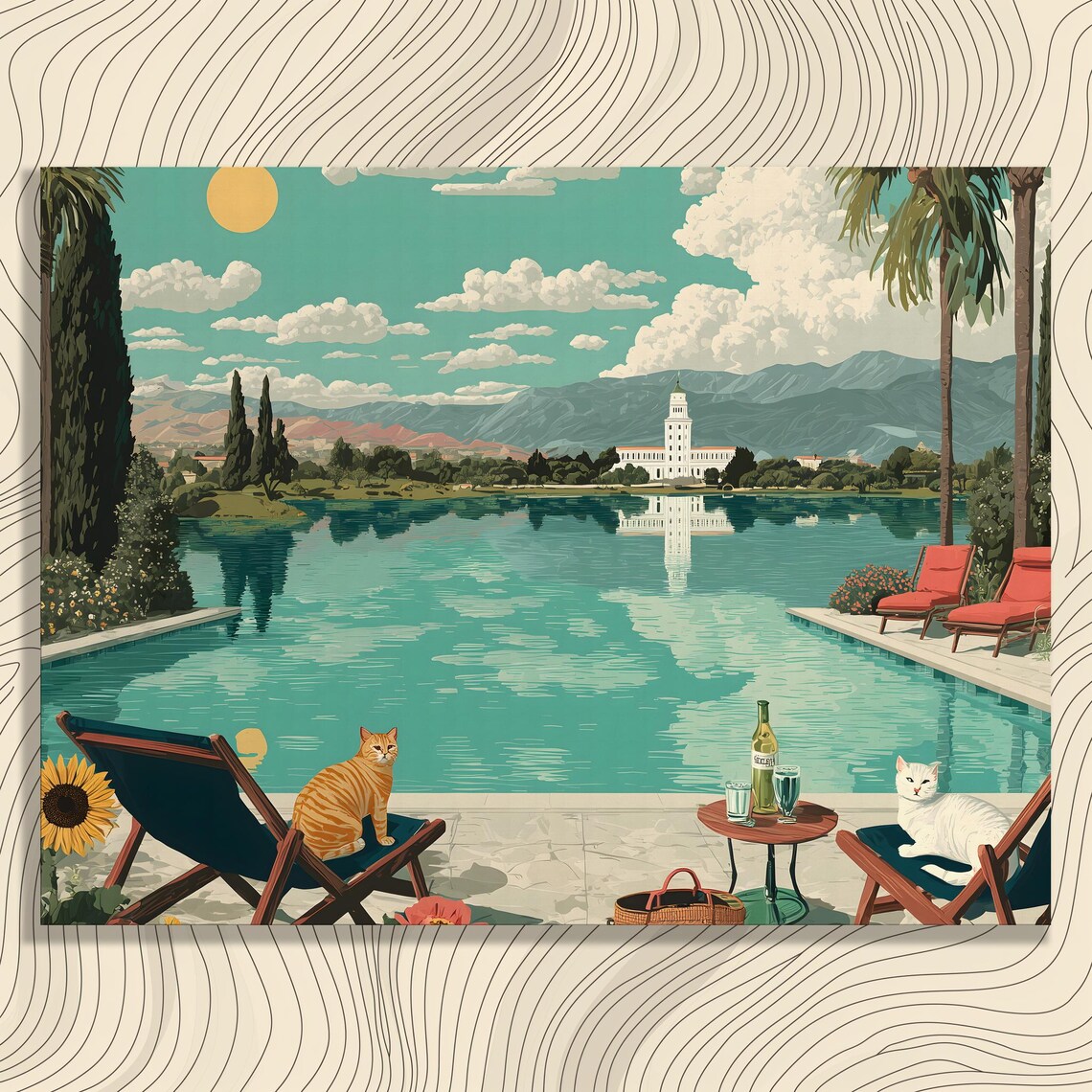 Tropical Cats Poolside Lounging Vintage Travel Resort Cat Art Poster