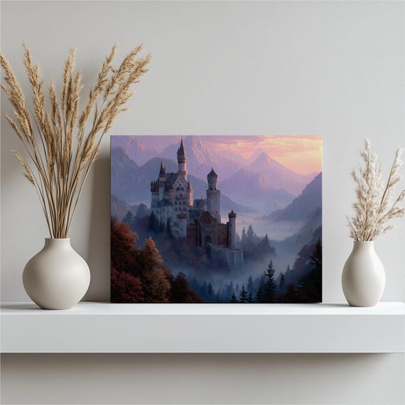 Medieval Castle Canvas Wall Art Misty Forest Sunrise Mountain Peaks Gothic Fantasy Landscape Print Autumn Foliage Turrets Decor