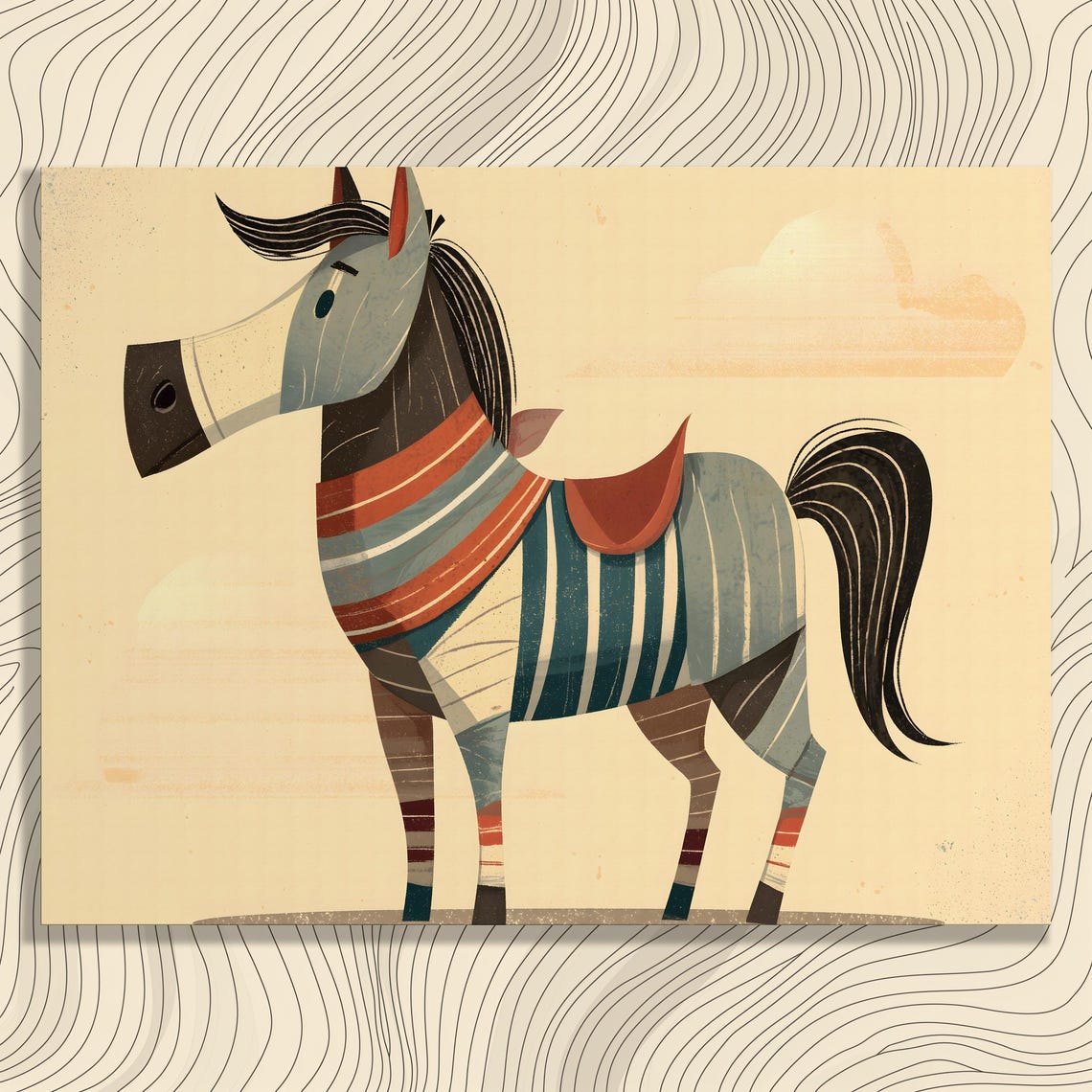 Whimsical Striped Folk Art Horse Modern Rustic Nursery Poster
