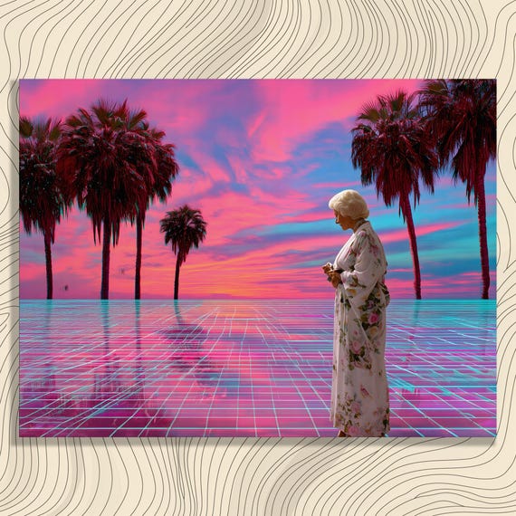 Vaporwave Palm Trees Canvas Wall Art Neon Sunset Tropical Print Retro Futurism Surreal Landscape Grid Reflective Pool Colorful Decor