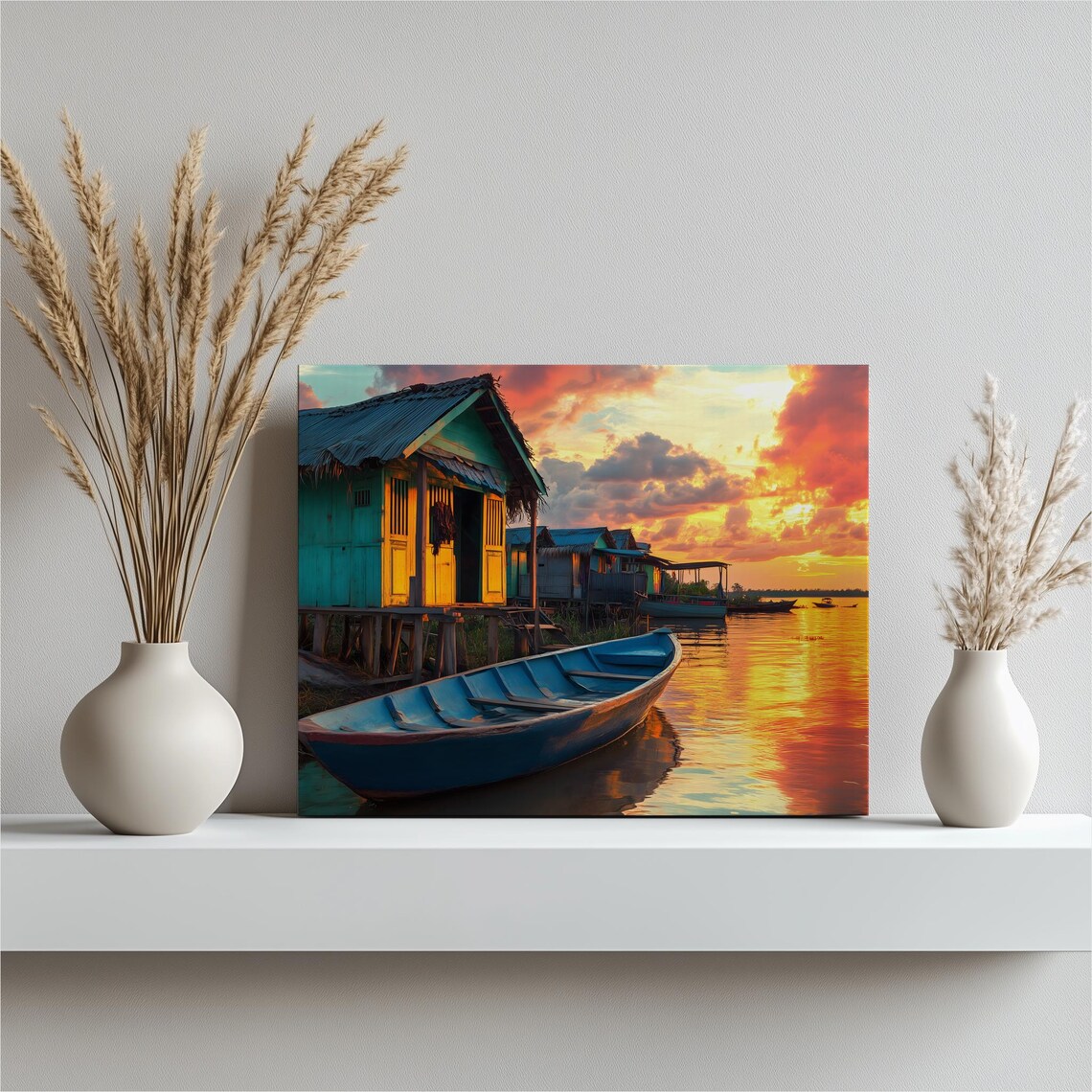 Tropical Stilt House Village Sunset Wooden Boat Golden Water Wall Art