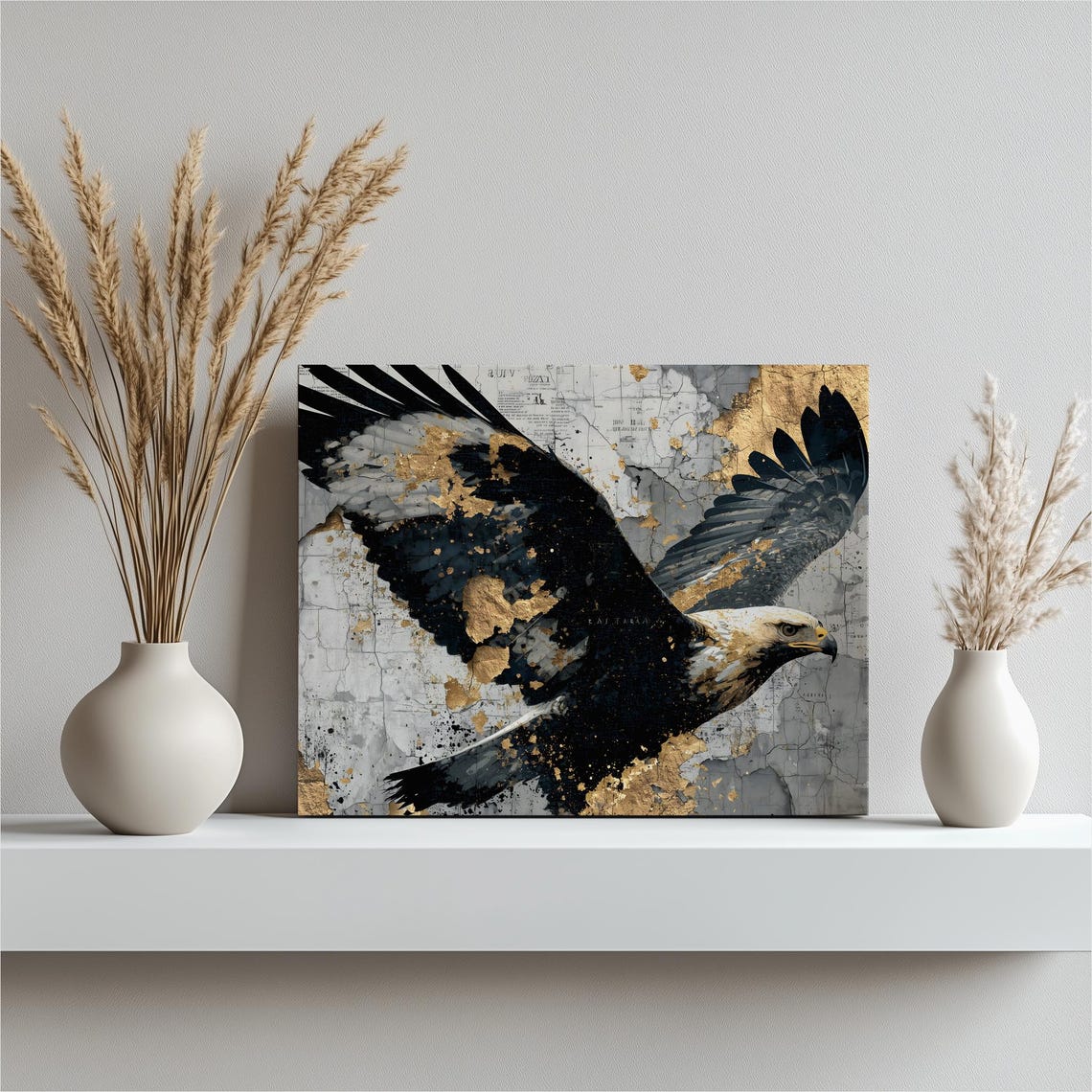 Majestic Bald Eagle Soaring Black White Gold Leaf Splatter Wall Art