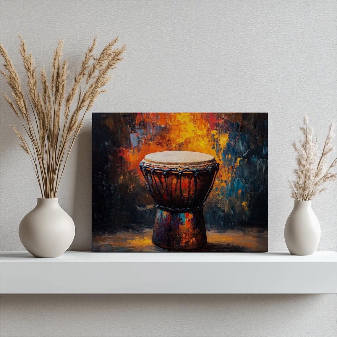 African Djembe Drum Oil Painting Fiery Musician Art Poster for Home