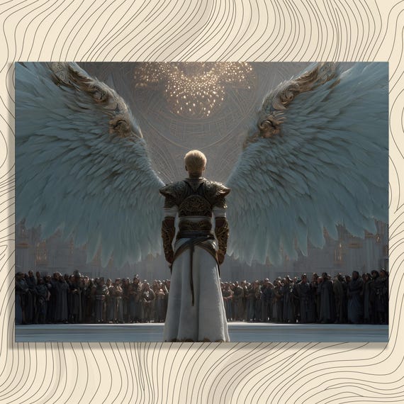 Majestic Angel Wings Canvas Wall Art Seraphim Decor Gothic Architecture Fantasy Ornate Hall Divine Ceremony Classic Style Print