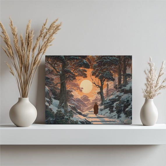 Mystical Winter Forest Canvas Wall Art Snowy Sunset Path Landscape Print Nature Decor Painting Gift For Lovers