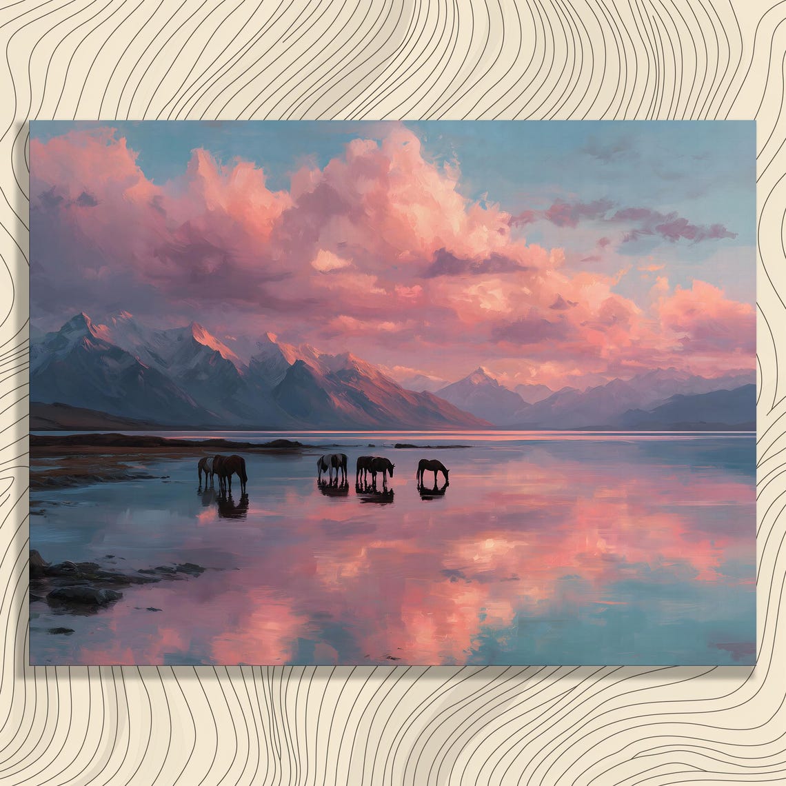 Horses Drinking Lake Sunset Pink Clouds Mountain Reflection Poster