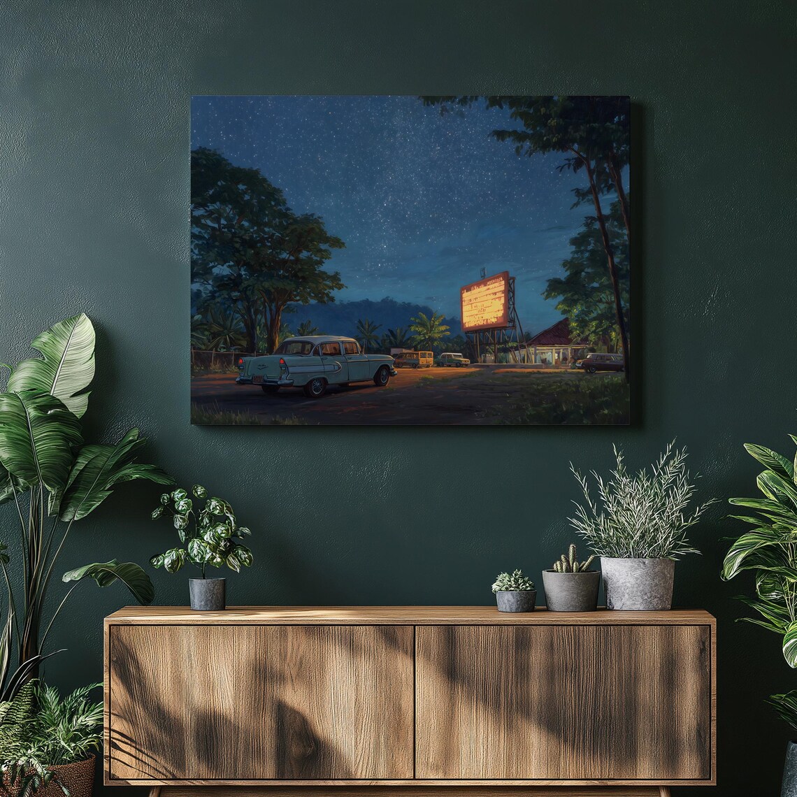 Classic Car Drive In Movie Theater Starry Night Retro Art Poster