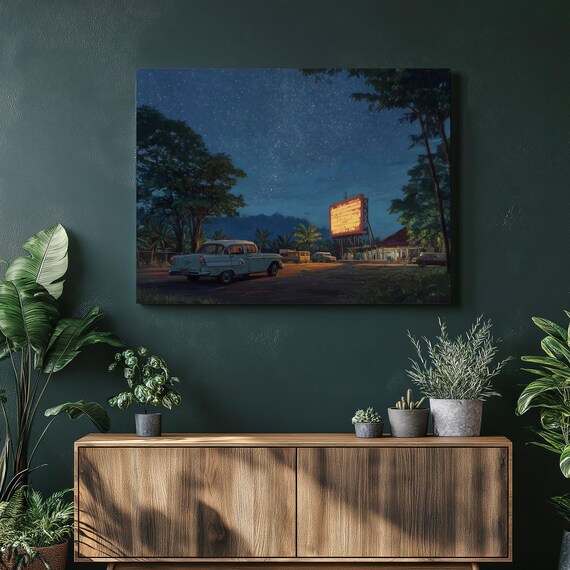 Classic Car Drive In Movie Theater Starry Night Retro Art Poster