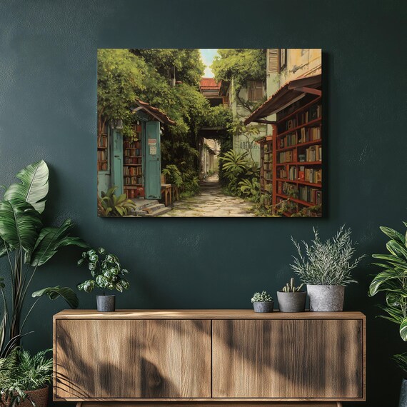 Outdoor Library Garden Alley Vintage Bookshop Bookshelf Wall Art