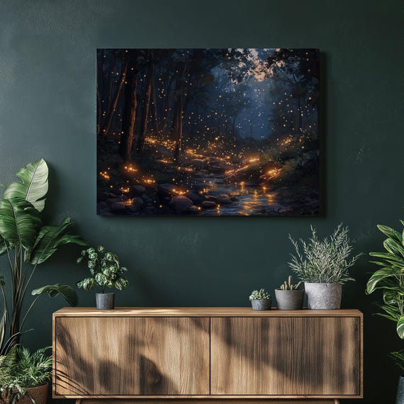 Firefly Forest Night Canvas Wall Art Enchanting Nocturnal Stream Scene With Glowing Fireflies Nature Landscape Print For Home Decor