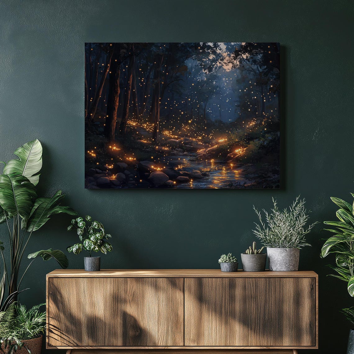 Firefly Forest Night Glowing Stream Enchanting Canvas Wall Art