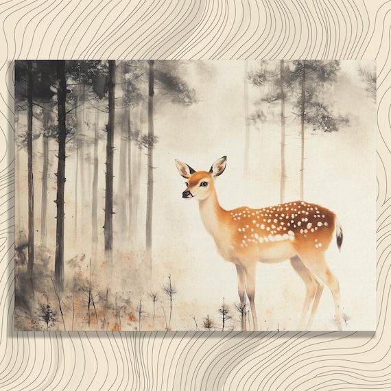 Deer And Forest Canvas Wall Art Graceful In Misty Pine High Resolution Ink Painting Beautiful Nature Scene Zen Decor Home