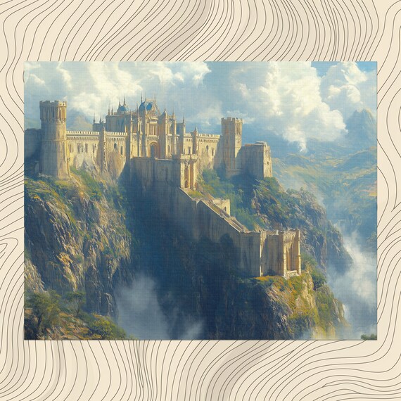 Epic Fantasy Citadel On Cliff Above Misty Valley Medieval Art Poster