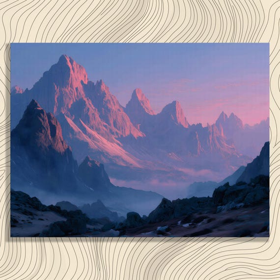 Colorful Mountain Sunrise Canvas Wall Art Modern Decor Landscape Print Pink Blue Sky Dawn Range Jagged Peaks