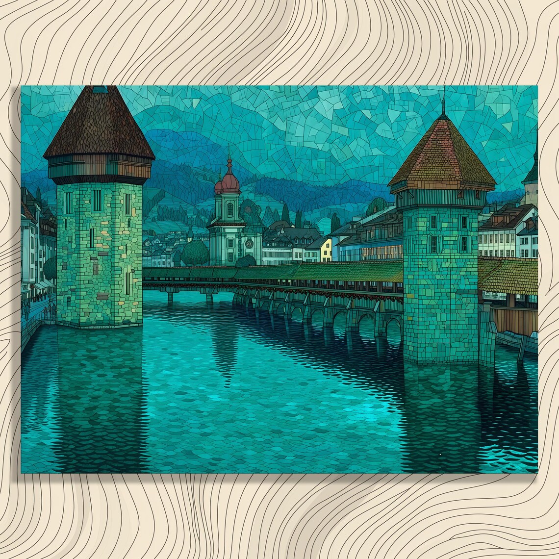 Historic Covered Bridge Mosaic Teal Cityscape Vintage Travel Poster