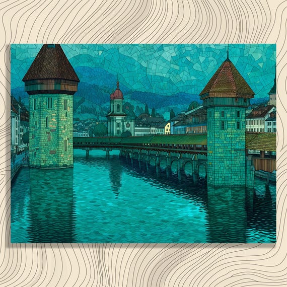 Historic Bridge Mosaic Canvas Wall Art Modern Print Mountain Landscape Travel Decor