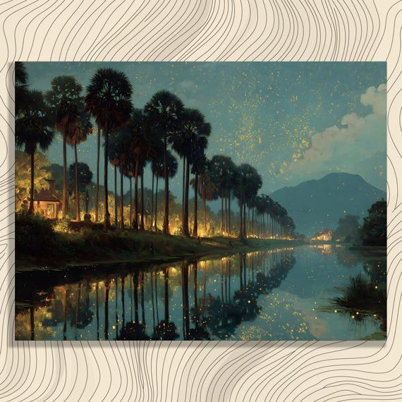 Tropical Twilight Riverside Canvas Wall Art Palm Grove Reflections Lantern Light Lightning Bugs Starry Sky Mountain Outline Coastal Decor