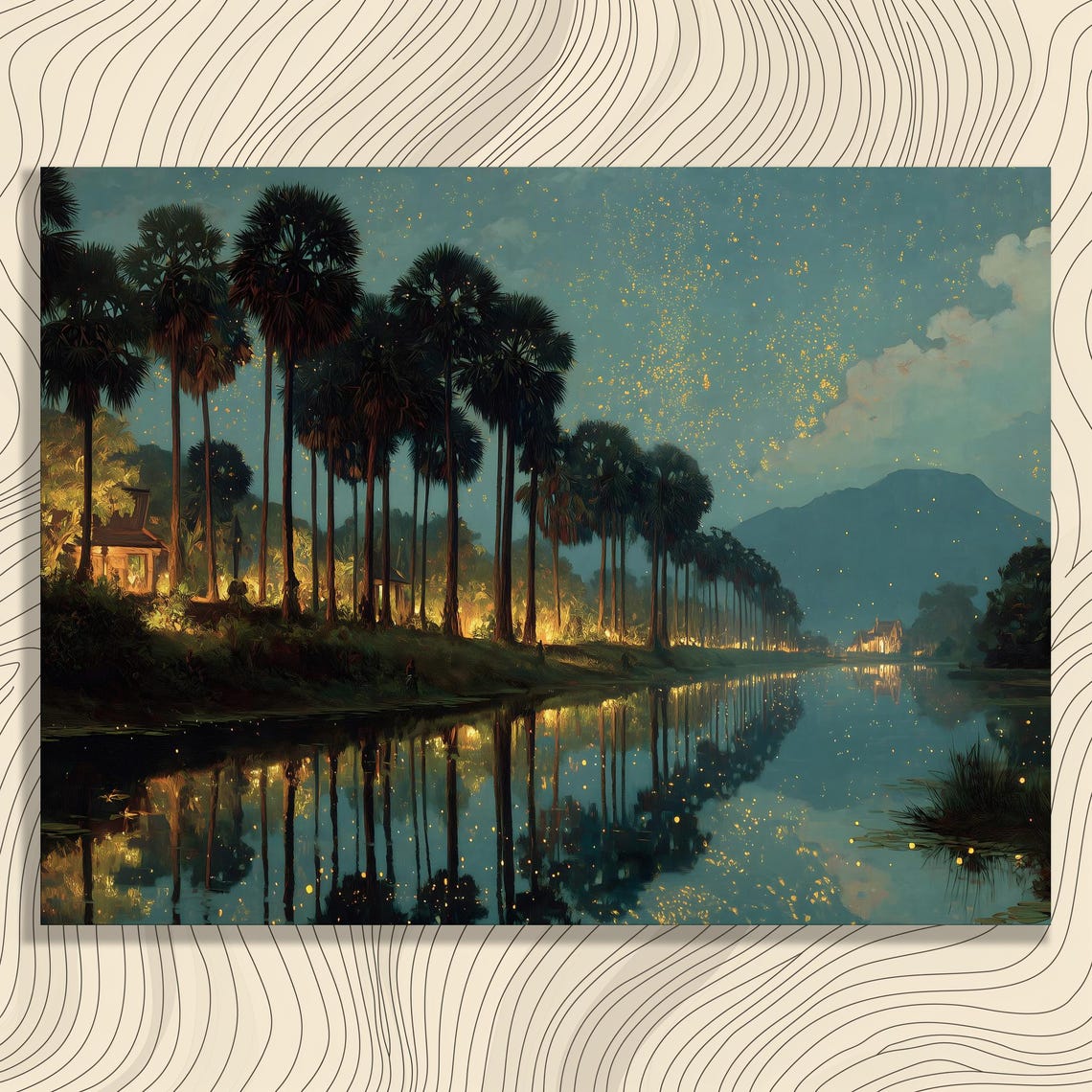 Twilight Palm Grove Riverside With Fireflies Golden Reflection Wall Art