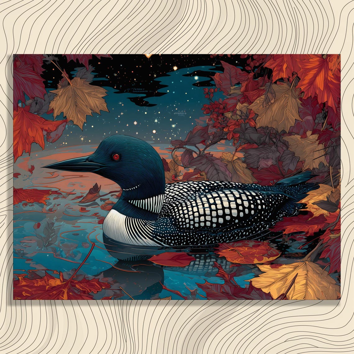 Loon Canvas Wall Art Rustic Lodge Fall Cabin Decor Bird Illustration Nature Print Wildlife Autumn
