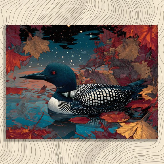 Loon Canvas Wall Art Rustic Lodge Fall Cabin Decor Bird Illustration Nature Print Wildlife Autumn