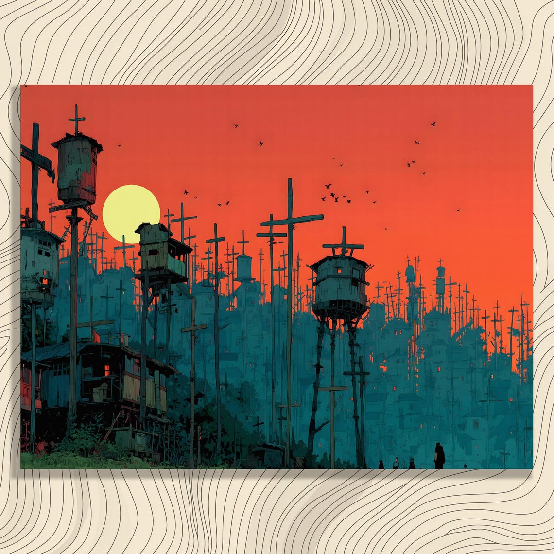 Dramatic Dystopian Watchtower City Sunset Orange Teal Poster