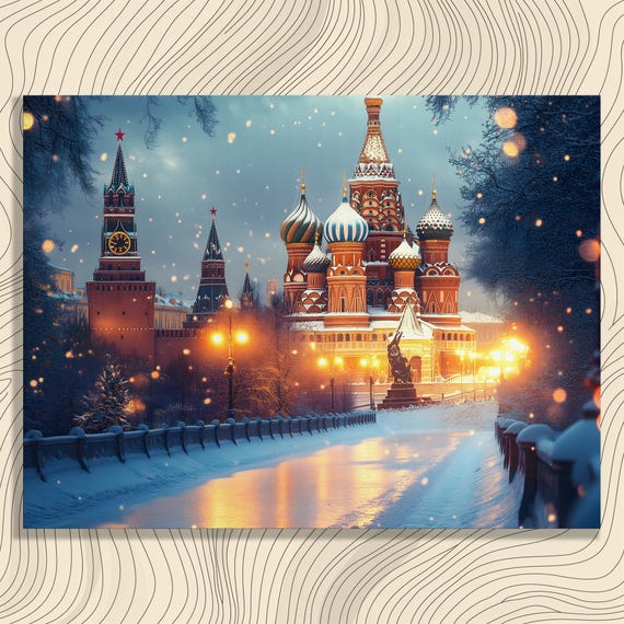 Snowy Cathedral Canvas Wall Art Frosty Landmark Landscape Print With Colorful Domes Holiday Lights Blue Orange Impressionist Decor