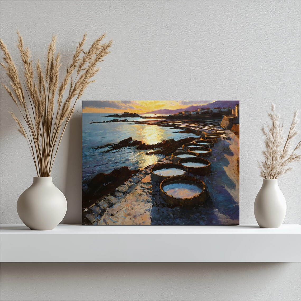 Rocky Shoreline Golden Sunset Seascape Poster Ocean Tide Pool Painting
