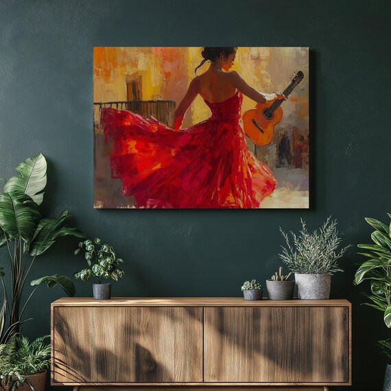 Flamenco Dancer Red Dress Guitar Painting Spanish Music Art Poster