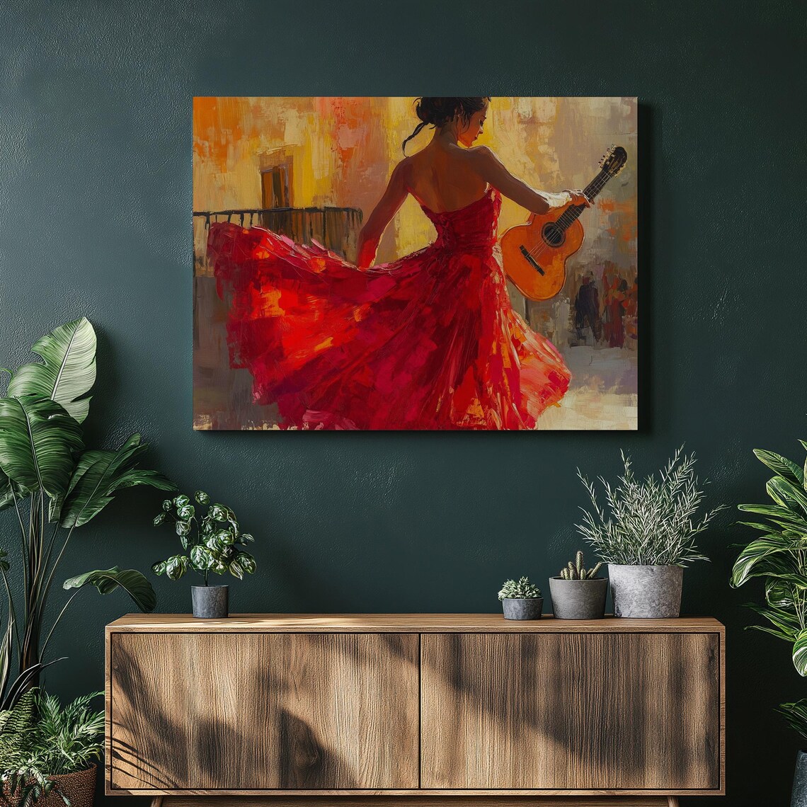 Flamenco Dancer Red Dress Guitar Painting Spanish Music Art Poster