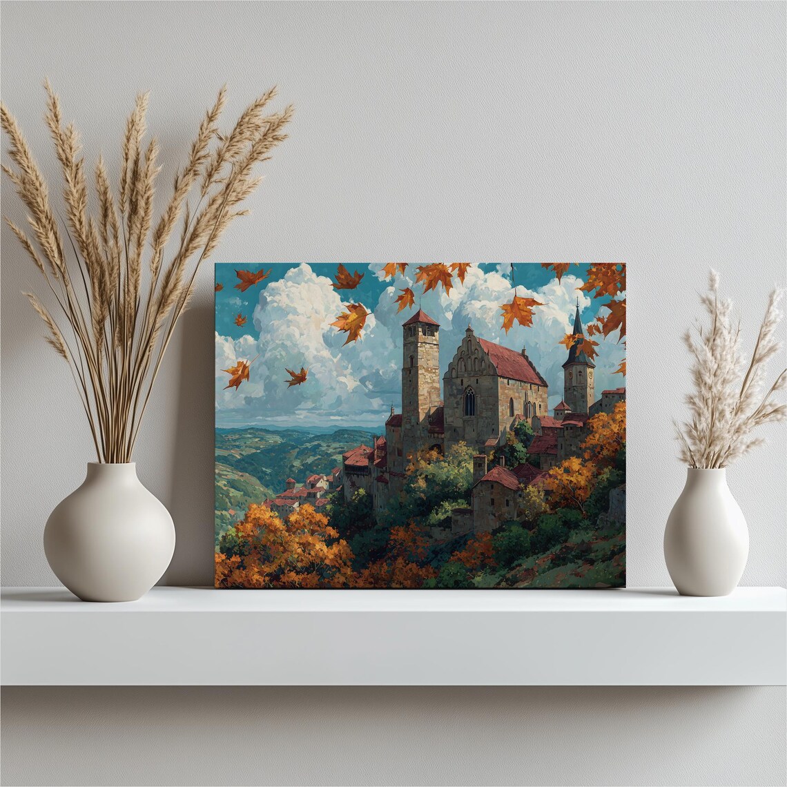 Autumn Church on Hill Falling Leaves Village Scenic Painting Poster