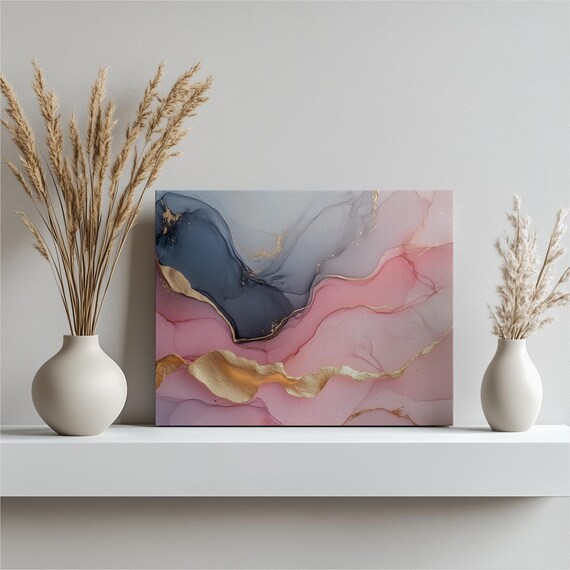 Fluid Shapes Canvas Wall Art Abstract Painting With Gold Accents Soft Pink And Blue Modern Alcohol Ink Artwork For Home Decor