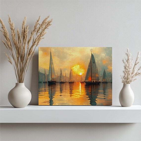 Sunset Sailboat Regatta Canvas Wall Art Golden Ocean Reflections Nautical Scene Decor