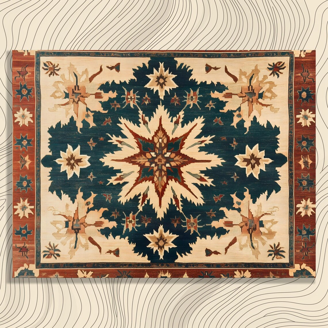 Vintage Geometric Floral Rug Pattern Traditional Star Medallion Wall Art