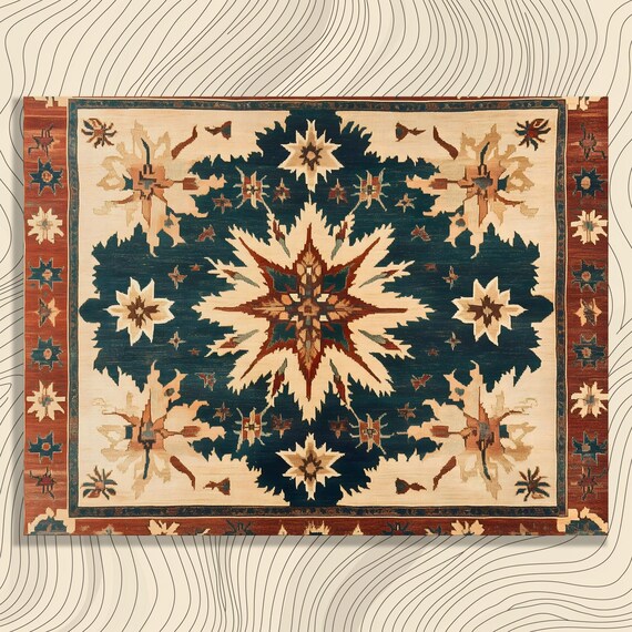 Vintage Geometric Floral Rug Pattern Traditional Star Medallion Wall Art
