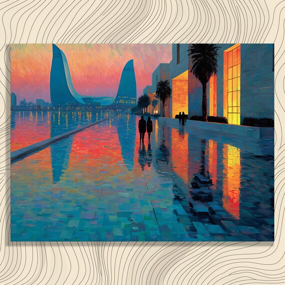 Sunset Cityscape Canvas Wall Art Colorful Skyline Decor With Palm Tree Vibrant Painting Glowing Water Reflections Urban Walkway