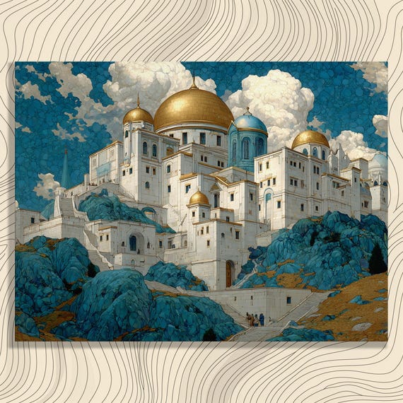 Fantasy Castle Canvas Wall Art Majestic Palace Golden Domes On Blue Hills Mountain Fortress Painting Print Colorful Decor