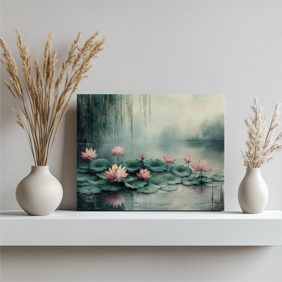 Pink Lotus Blossoms on a Misty Pond Beneath a Weeping Willow Serene Painting Poster