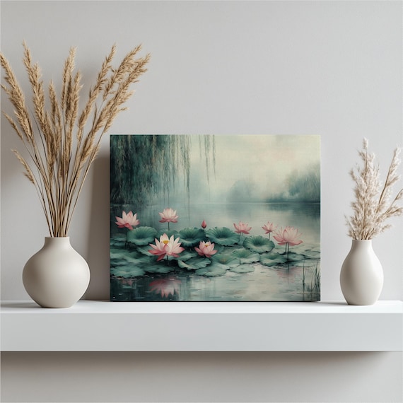 Pink Lotus Blossoms on a Misty Pond Beneath a Weeping Willow Serene Painting Poster
