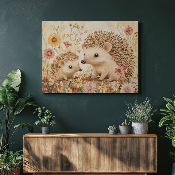 Two Hedgehogs Nose to Nose Cute Wildflower Meadow Canvas Poster