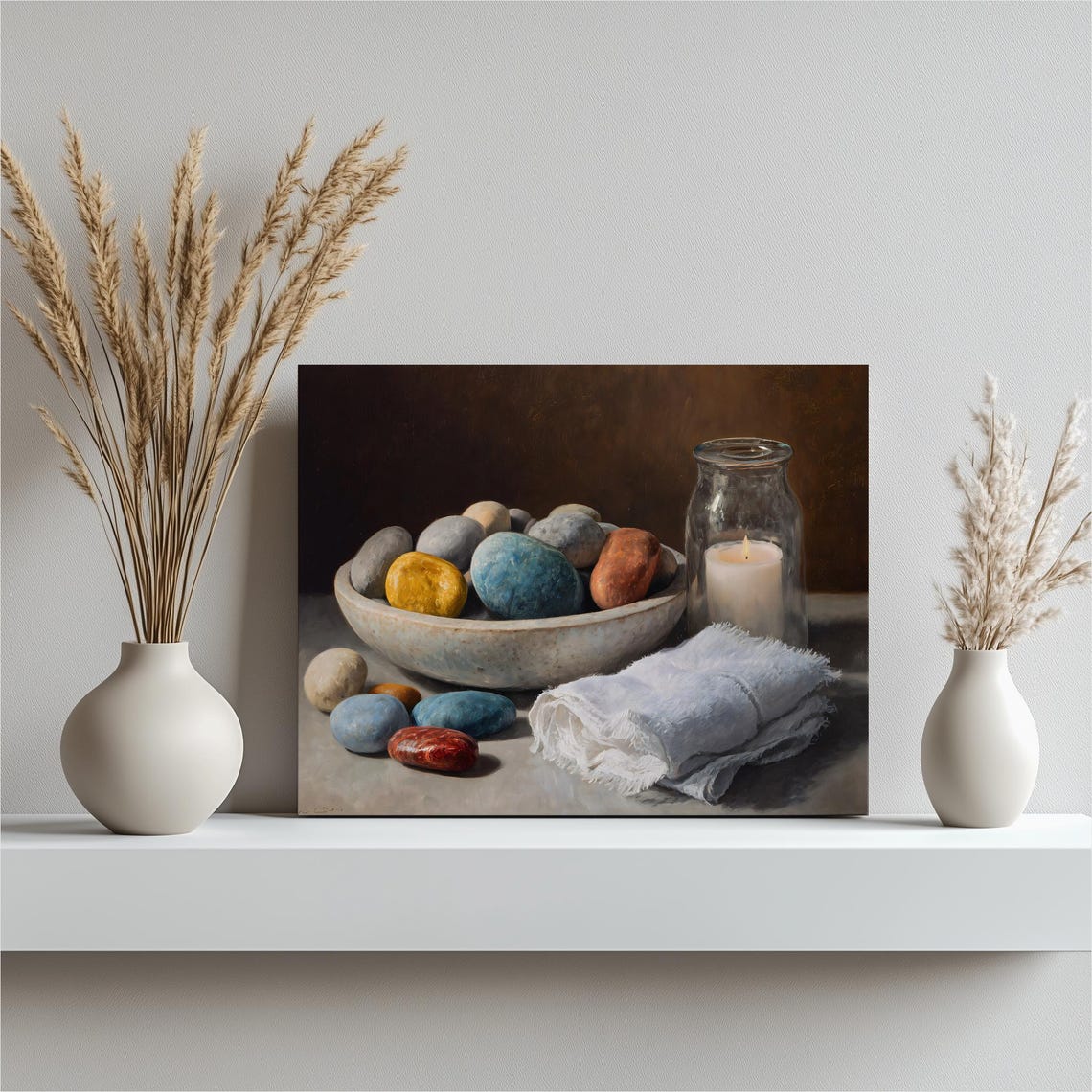 Spa Still Life Painting with Colorful River Stones and Candle Poster