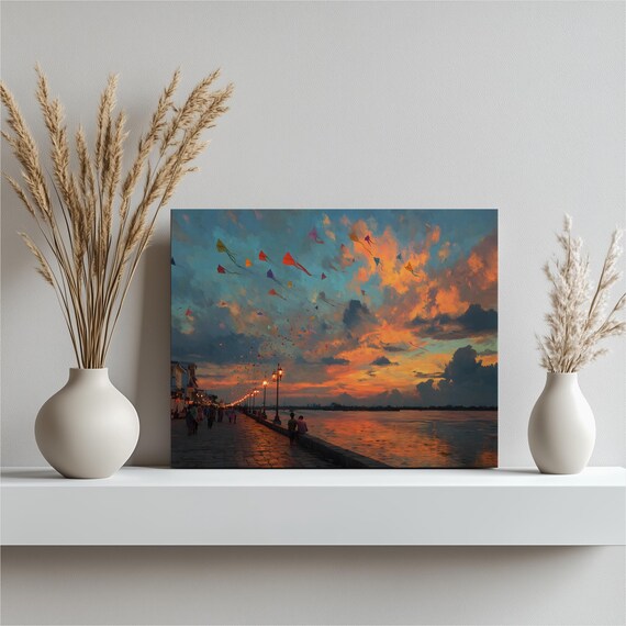 Vibrant Sunset Kites Canvas Wall Art Impressionist Waterfront Promenade Skyline Colorful Sky At Dusk Cloudscape City Landscape Print