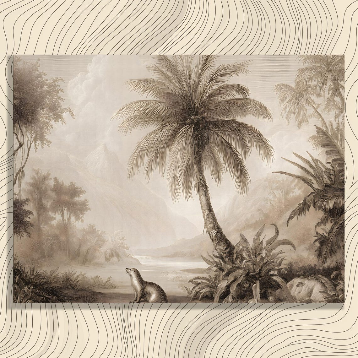 Vintage Otter Jungle Palm River Sepia Botanical Engraving Poster
