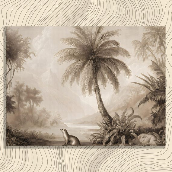 Vintage Otter Jungle Canvas Wall Art Palm Tree Sepia Landscape Tropical River Valley Botanical Illustration Wildlife Print Nature Decor