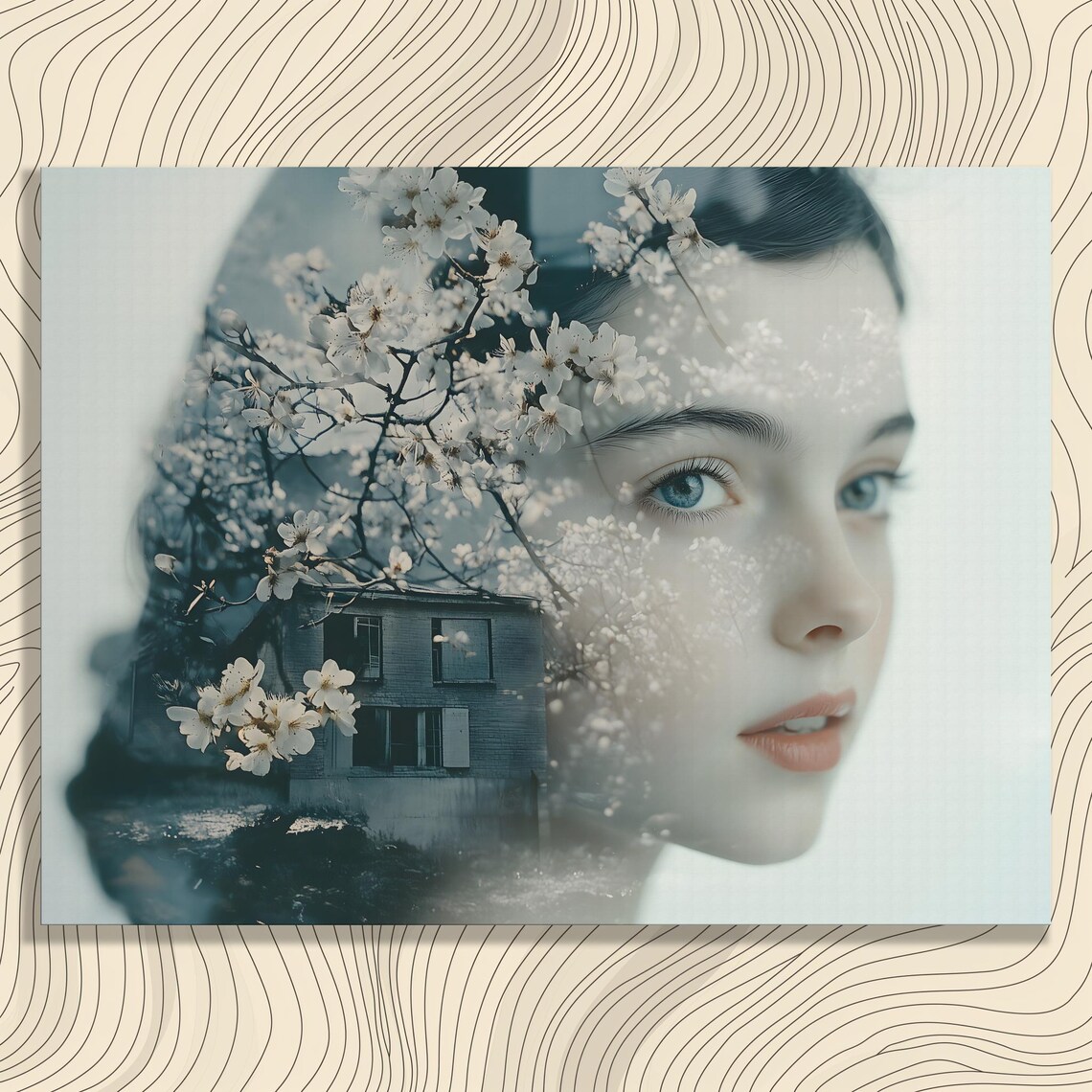 Double Exposure Woman Cherry Blossom House Portrait Art Poster